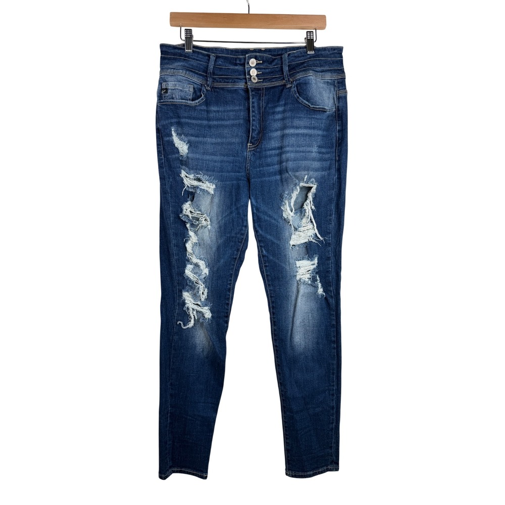 Kancan Womens Distressed High Rise 3-Button Skinny Jeans size 30 Dark Blue Denim
